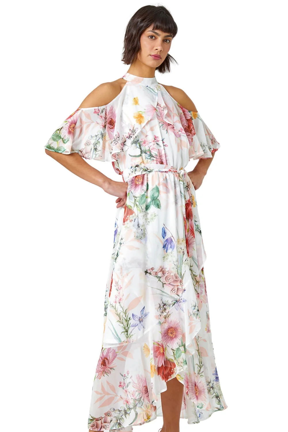Roman Ivory Halterneck Floral Chiffon Frill Dress - 6 Image 1