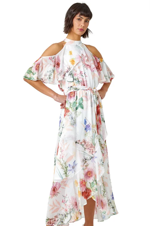 Roman Ivory Halterneck Floral Chiffon Frill Dress - 6 Image 1