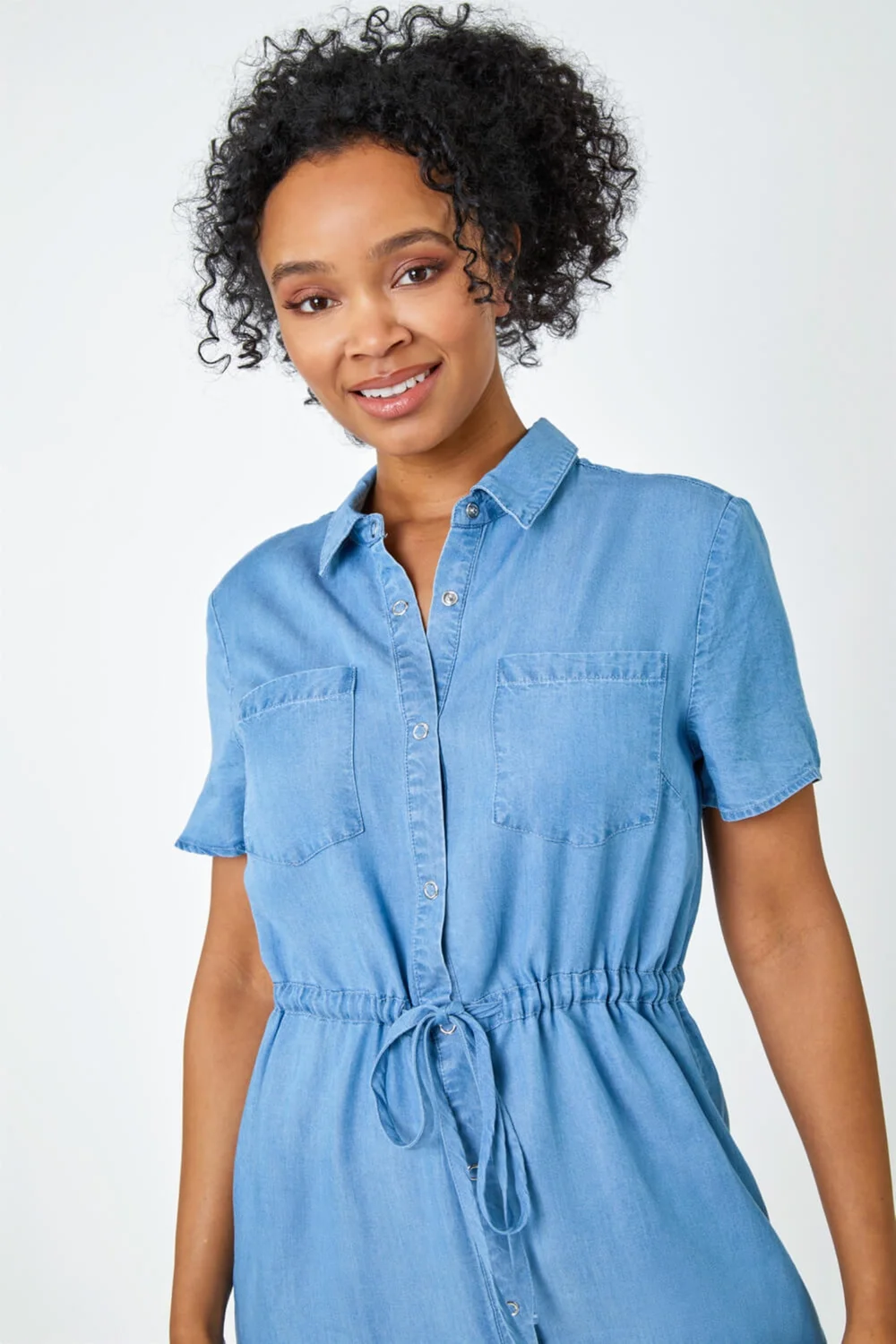 Roman Petite Light Denim Petite Tie Waist Denim Shirt Dress - 8 Image 4