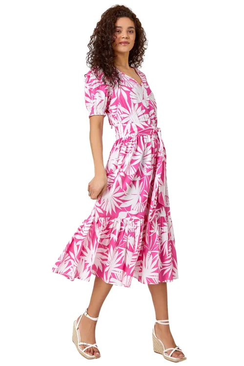 Roman Fuchsia Cotton Floral Print Tiered Midi Dress - 10 Image 2