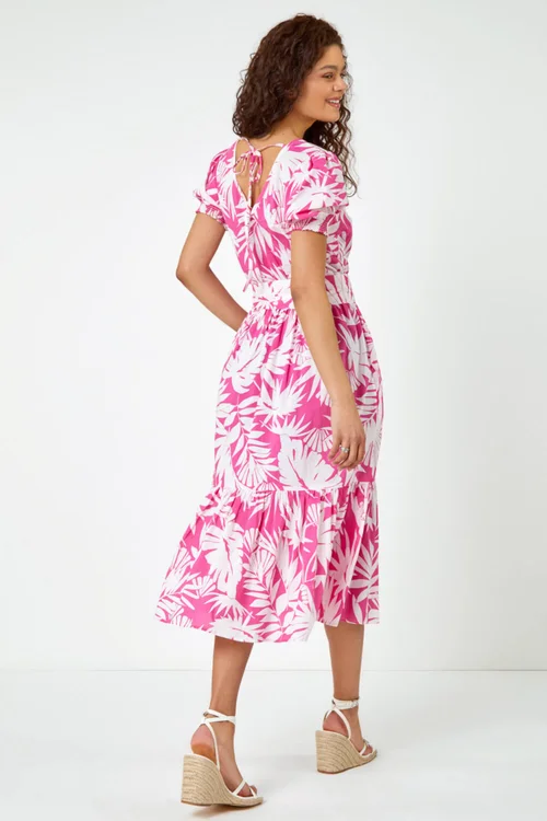 Roman Fuchsia Cotton Floral Print Tiered Midi Dress - 10 Image 3