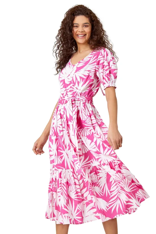 Roman Fuchsia Cotton Floral Print Tiered Midi Dress - 10 Image 1