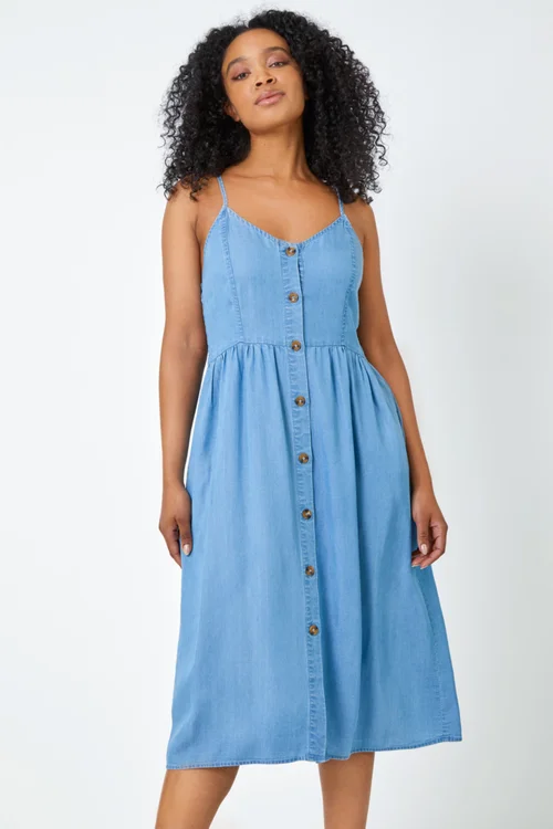 Roman Petite Light Denim Petite Sleeveless Denim Midi Dress - 6 Image 4