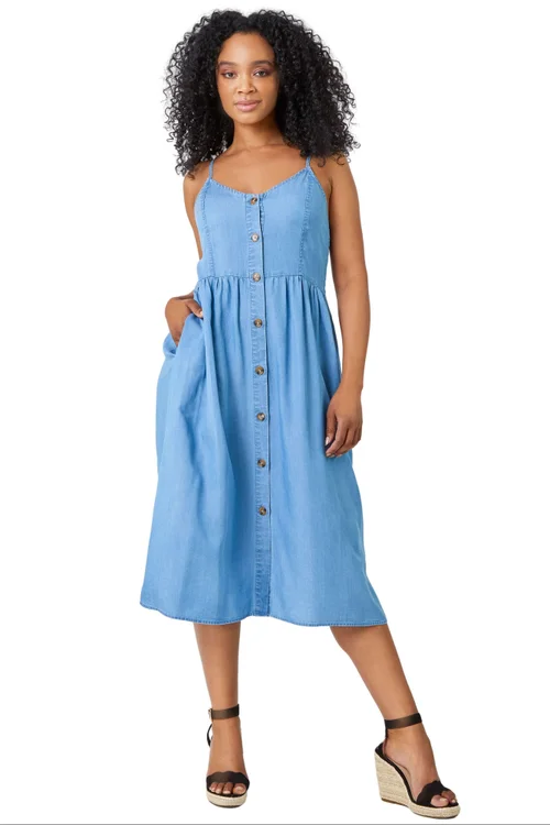 Roman Petite Light Denim Petite Sleeveless Denim Midi Dress - 6 Image 1