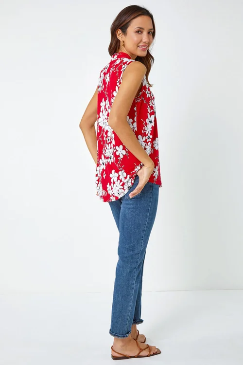 Roman Red Textured Floral Print Sleeveless Top - Size 26 Image 3