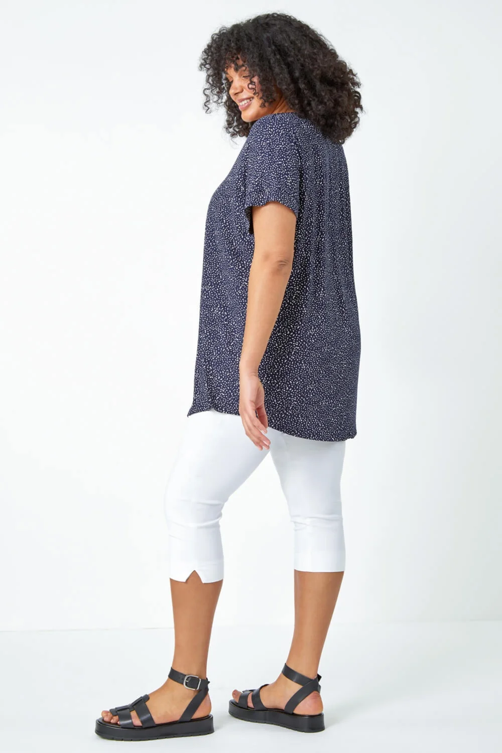 Roman Navy Curve Ditsy Spot Print V-Neck Stretch Top - 16 Image 3