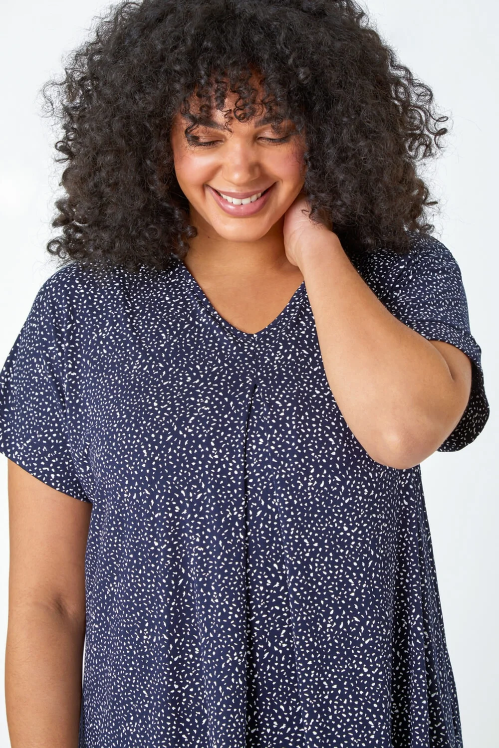 Roman Navy Curve Ditsy Spot Print V-Neck Stretch Top - 16 Image 4