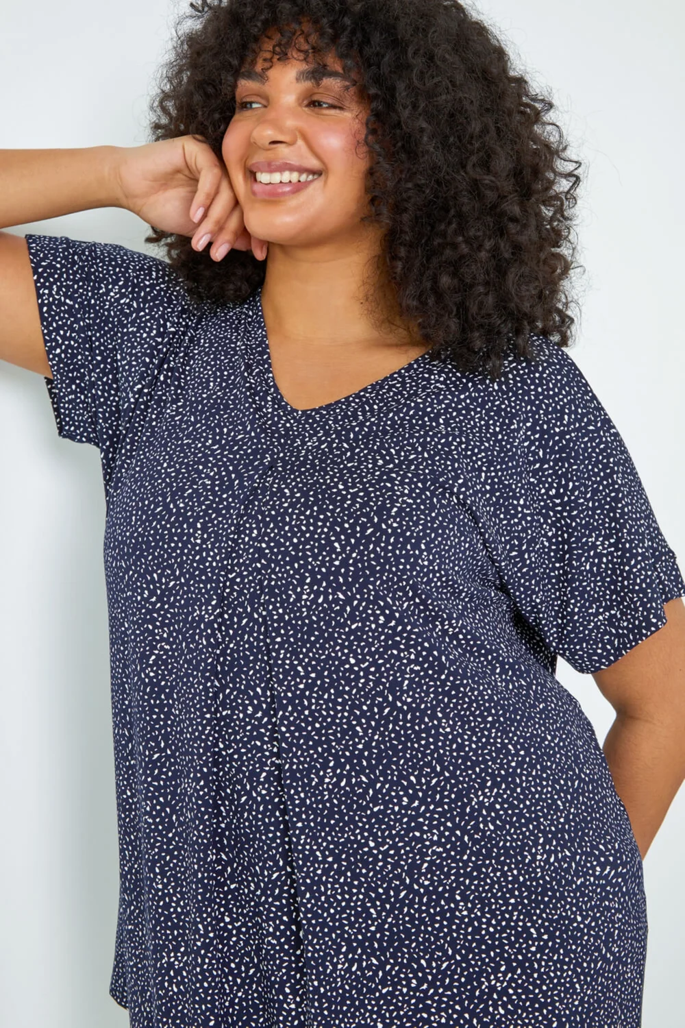 Roman Navy Curve Ditsy Spot Print V-Neck Stretch Top - 16 Image 2