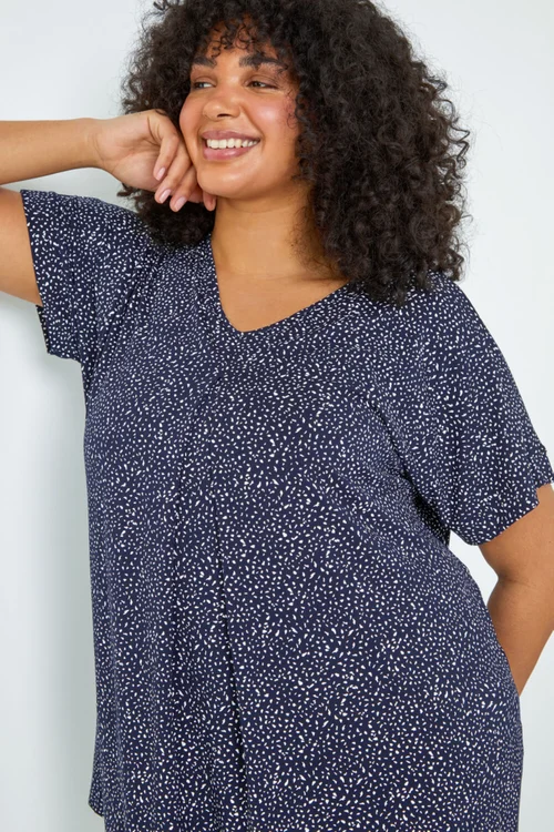 Roman Navy Curve Ditsy Spot Print V-Neck Stretch Top - 16 Image 2