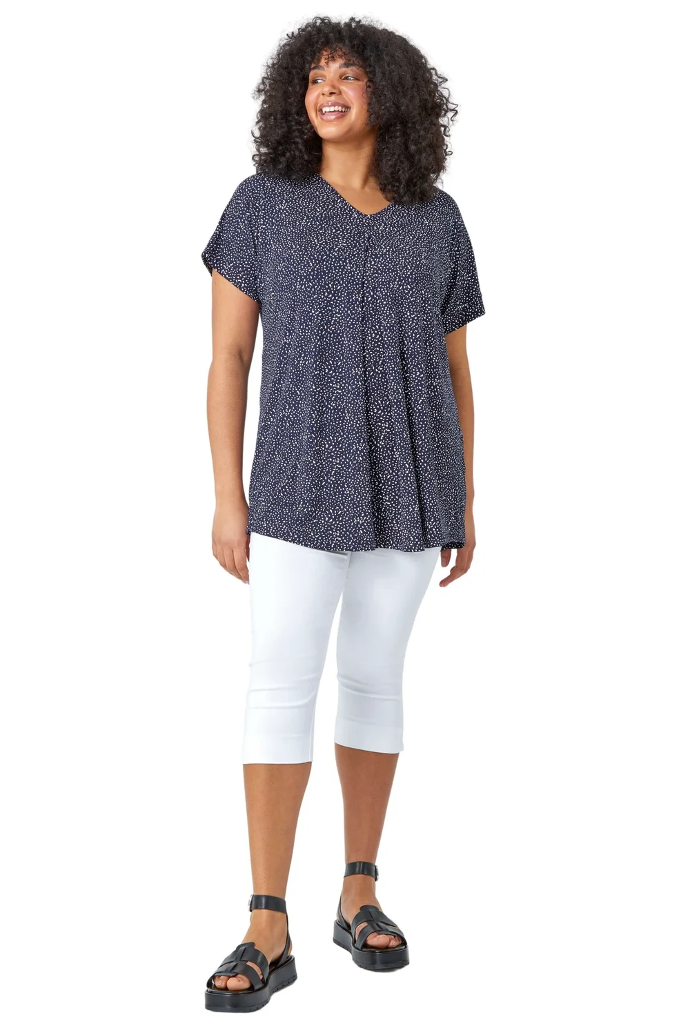 Roman Navy Curve Ditsy Spot Print V-Neck Stretch Top - 16 Image 1