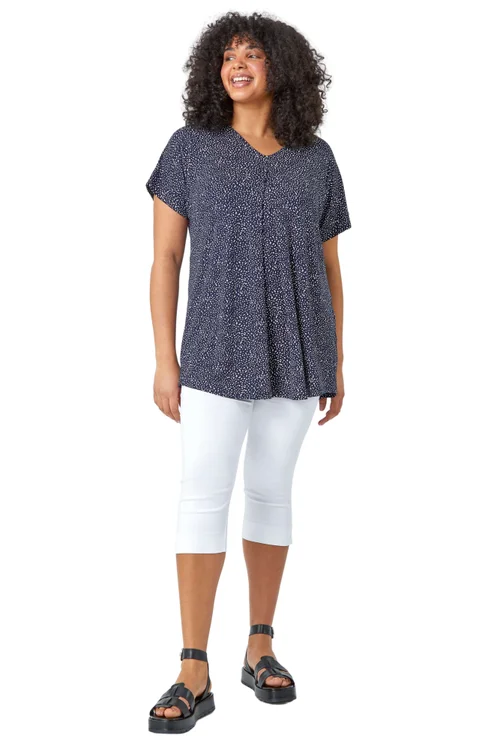 Roman Navy Curve Ditsy Spot Print V-Neck Stretch Top - 16 Image 1