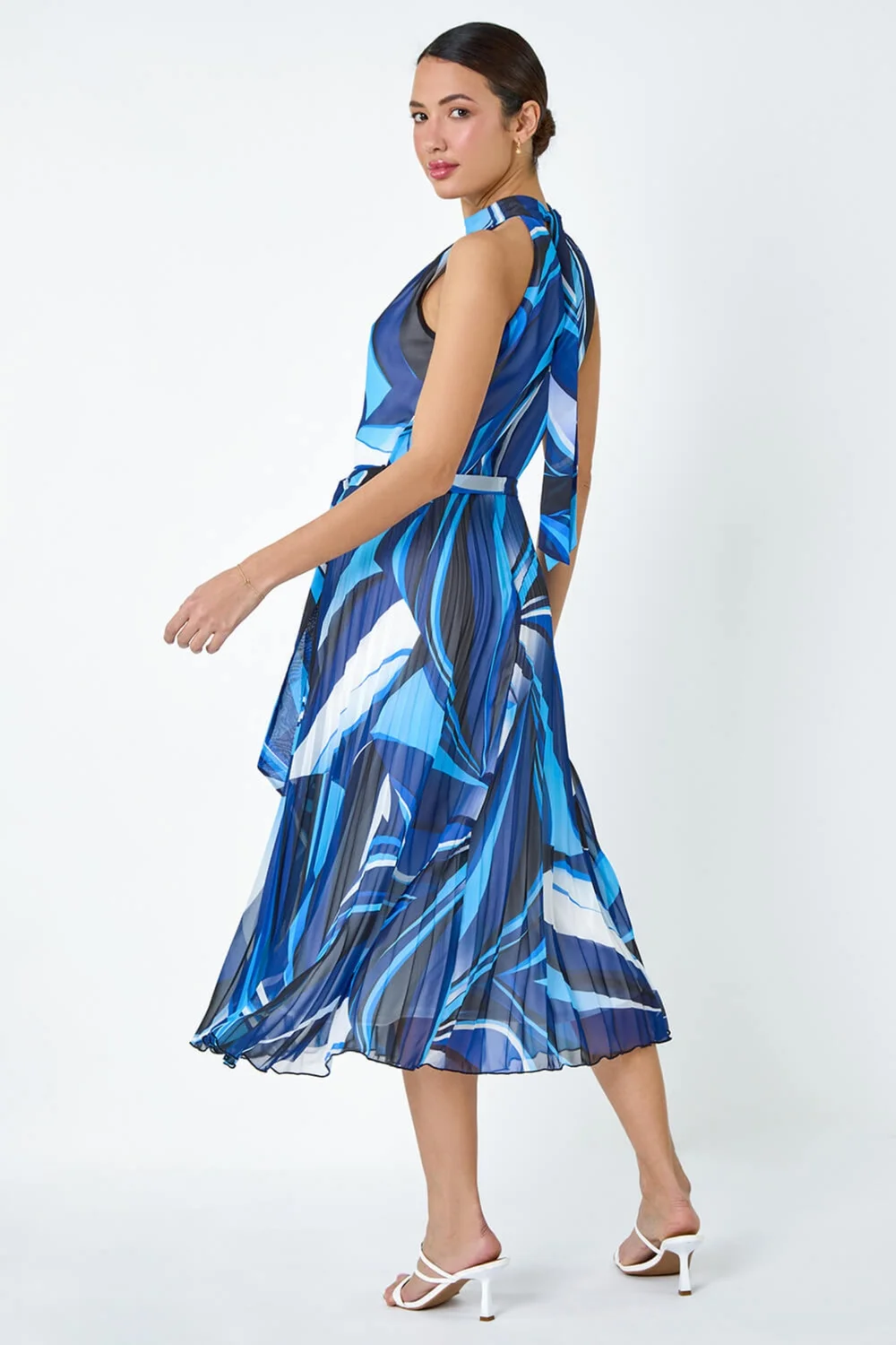 Roman Navy Abstract Print Pleated Chiffon Midi Dress - 26 Image 3