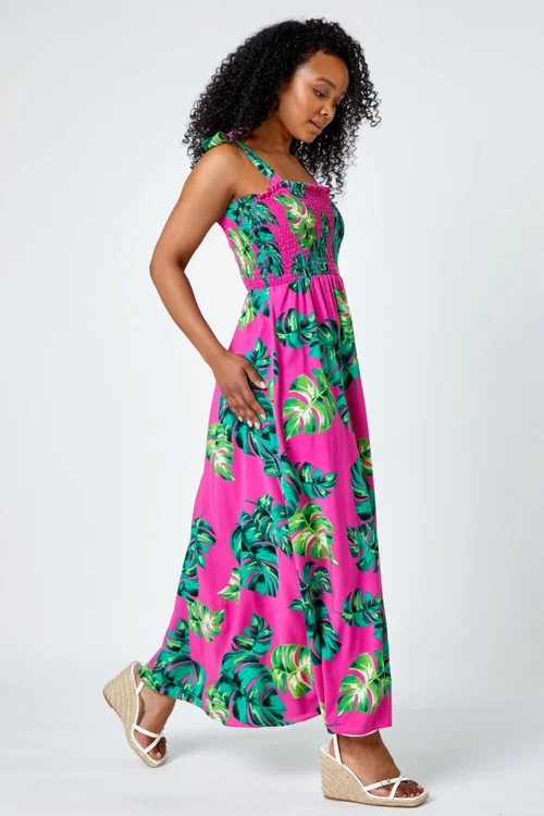 Roman Petite Pink Petite Tropical Print Shirred Maxi Dress - 6 Image 3