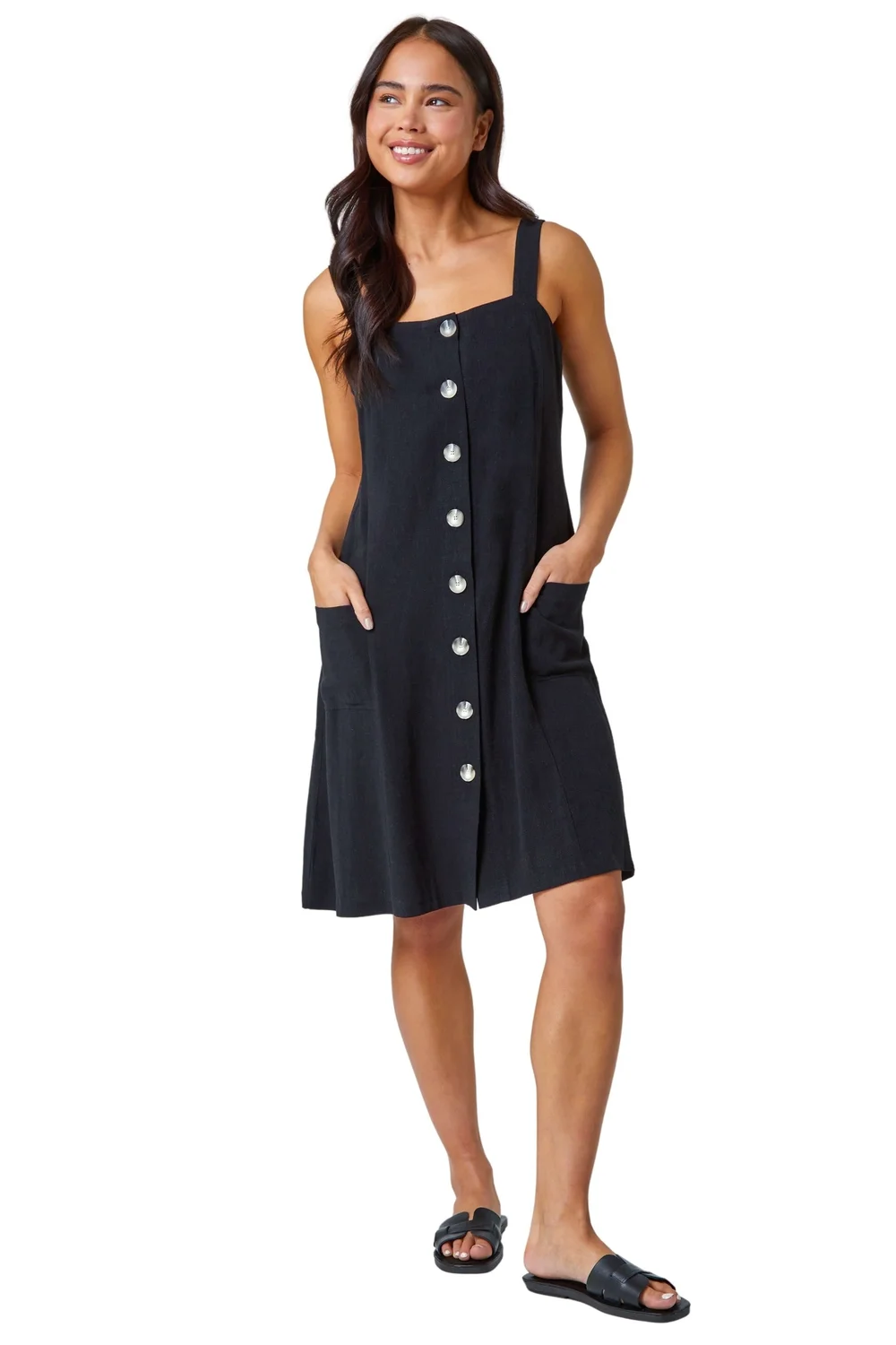 Roman Petite Black Petite Button Front Pocket Dress - 12 Image 1