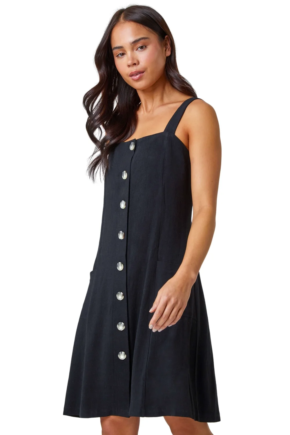 Roman Petite Black Petite Button Front Pocket Dress - 12 Image 2