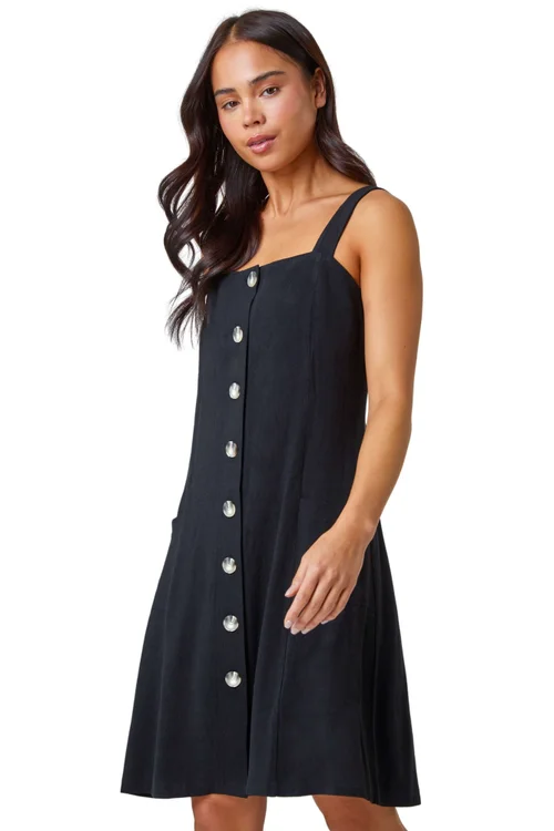 Roman Petite Black Petite Button Front Pocket Dress - 12 Image 2