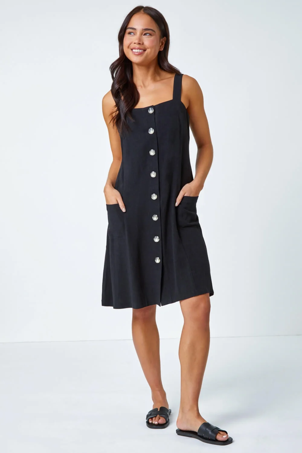 Roman Petite Black Petite Button Front Pocket Dress - 12 Image 3