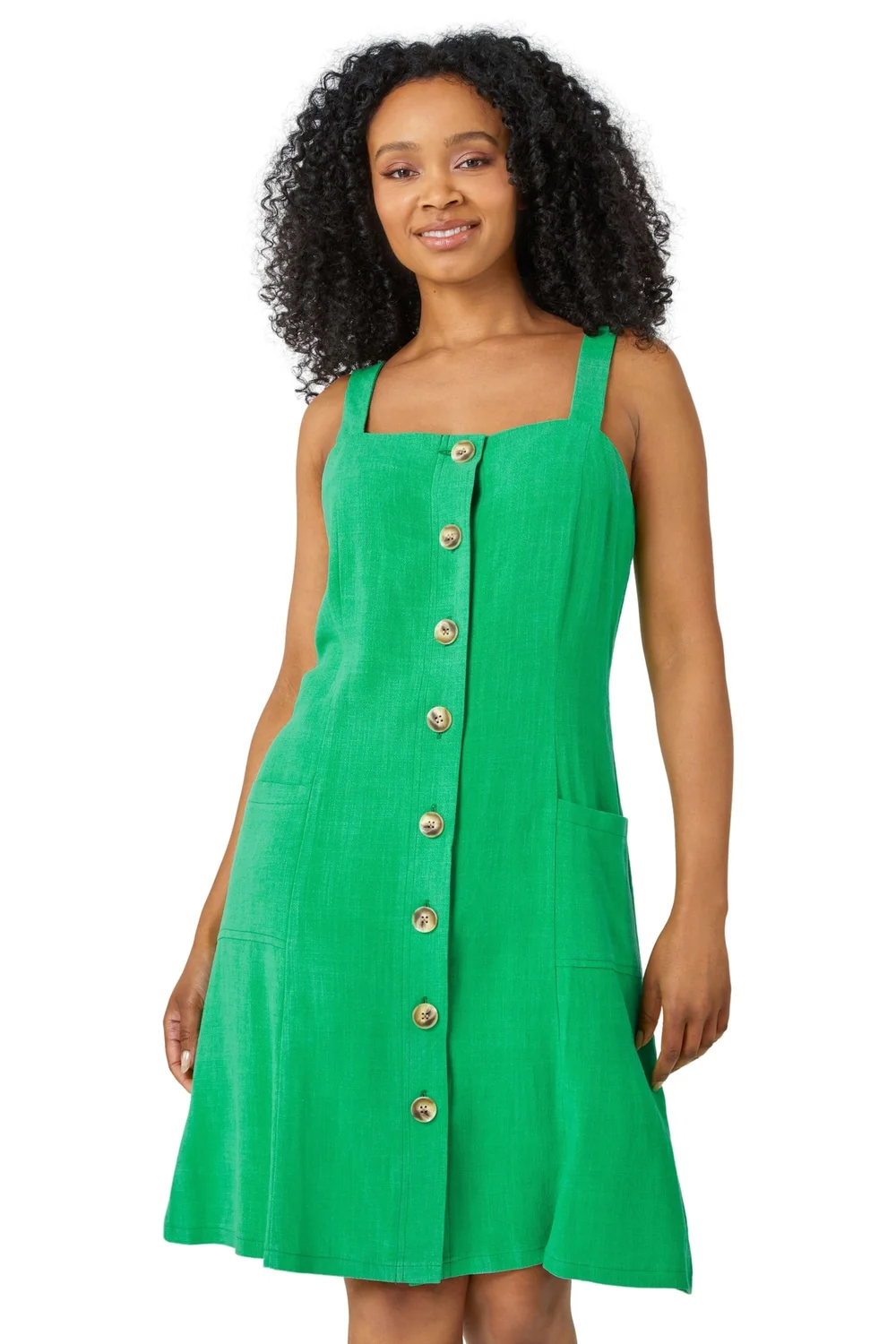 Roman Petite Green Petite Button Front Pocket Dress - 24 Image 1