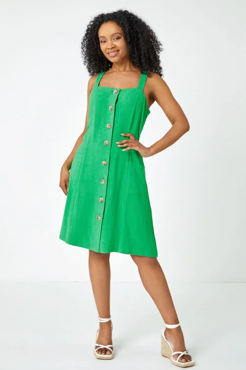 Roman Petite Green Petite Button Front Pocket Dress - 24 Image 2