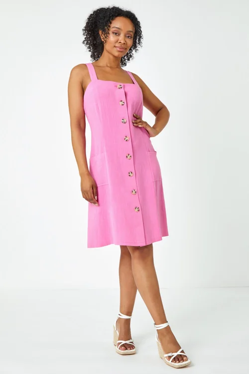 Roman Pink Petite Button Front Pocket Dress - 6 Image 2