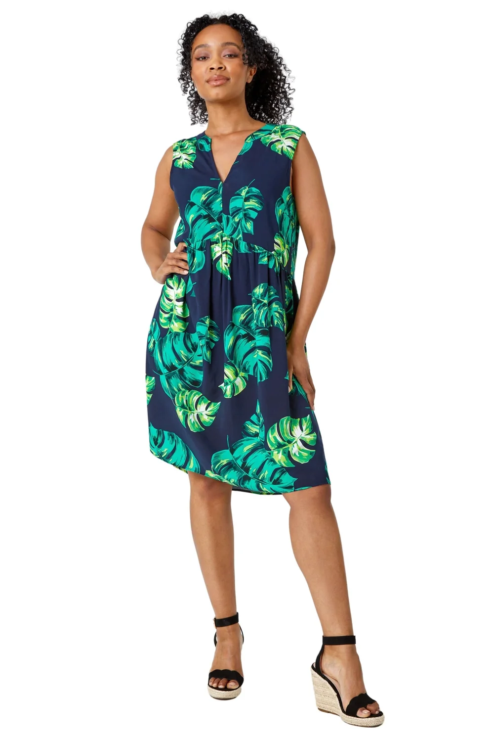 Roman Petite Navy Petite Tropical Print Smock Dress - 26 Image 2