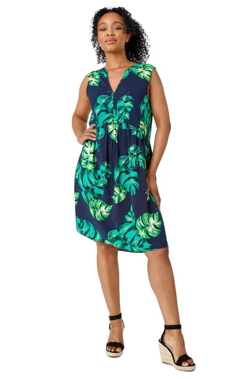 Roman Petite Navy Petite Tropical Print Smock Dress - 26 Image 2