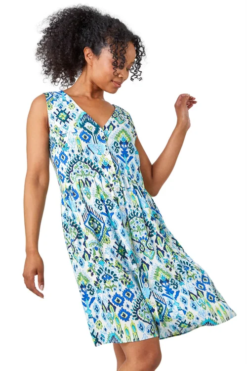 Roman Petite Turquoise Petite Aztec Print Tunic Shirt Dress - 22 Image 1