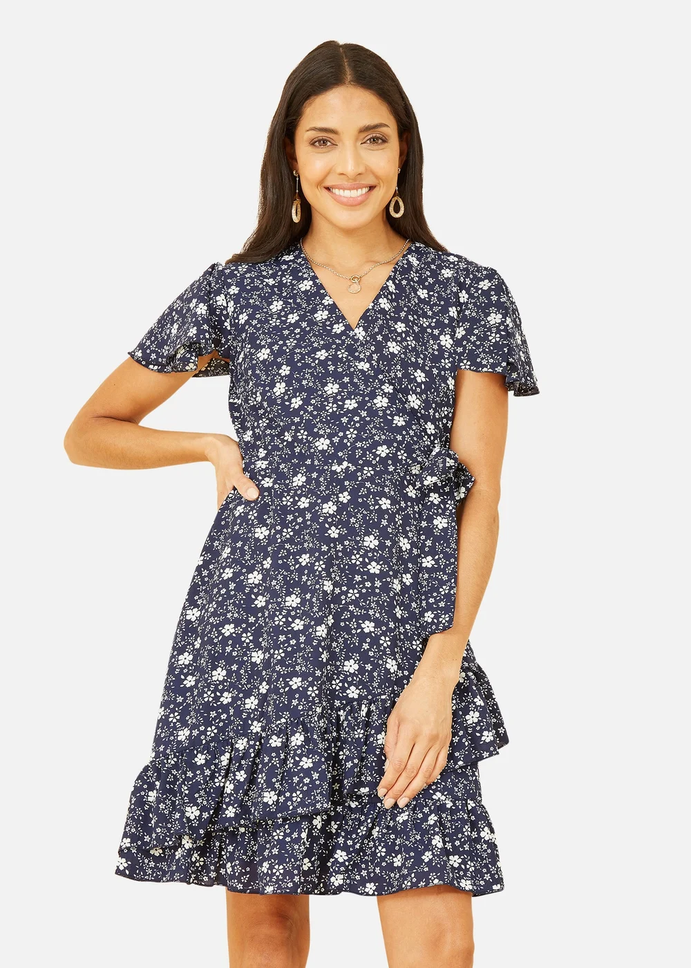 Mela Navy Ditsy Floral Wrap Frill Dress - 8 Image 2