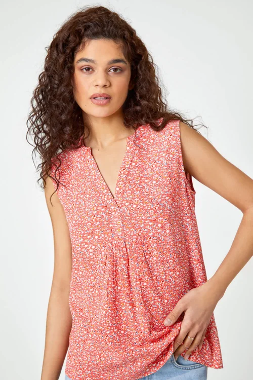 Roman Red Sleeveless V-Neck Ditsy Floral Print Top - 6 Image 3