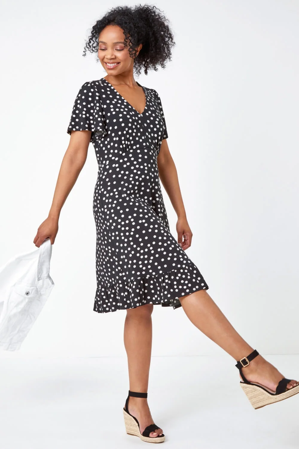 Roman Black Petite Polka Dot Frill Hem Stretch Dress - 6 Image 3