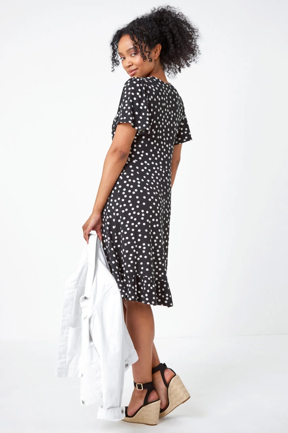 Roman Black Petite Polka Dot Frill Hem Stretch Dress - 6 Image 4
