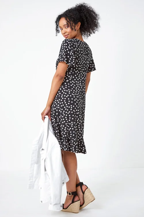 Roman Black Petite Polka Dot Frill Hem Stretch Dress - 6 Image 4