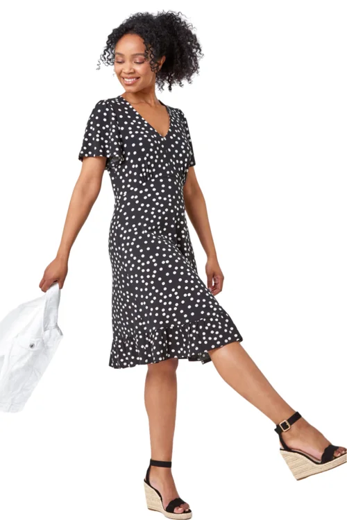 Roman Black Petite Polka Dot Frill Hem Stretch Dress - 6 Image 1