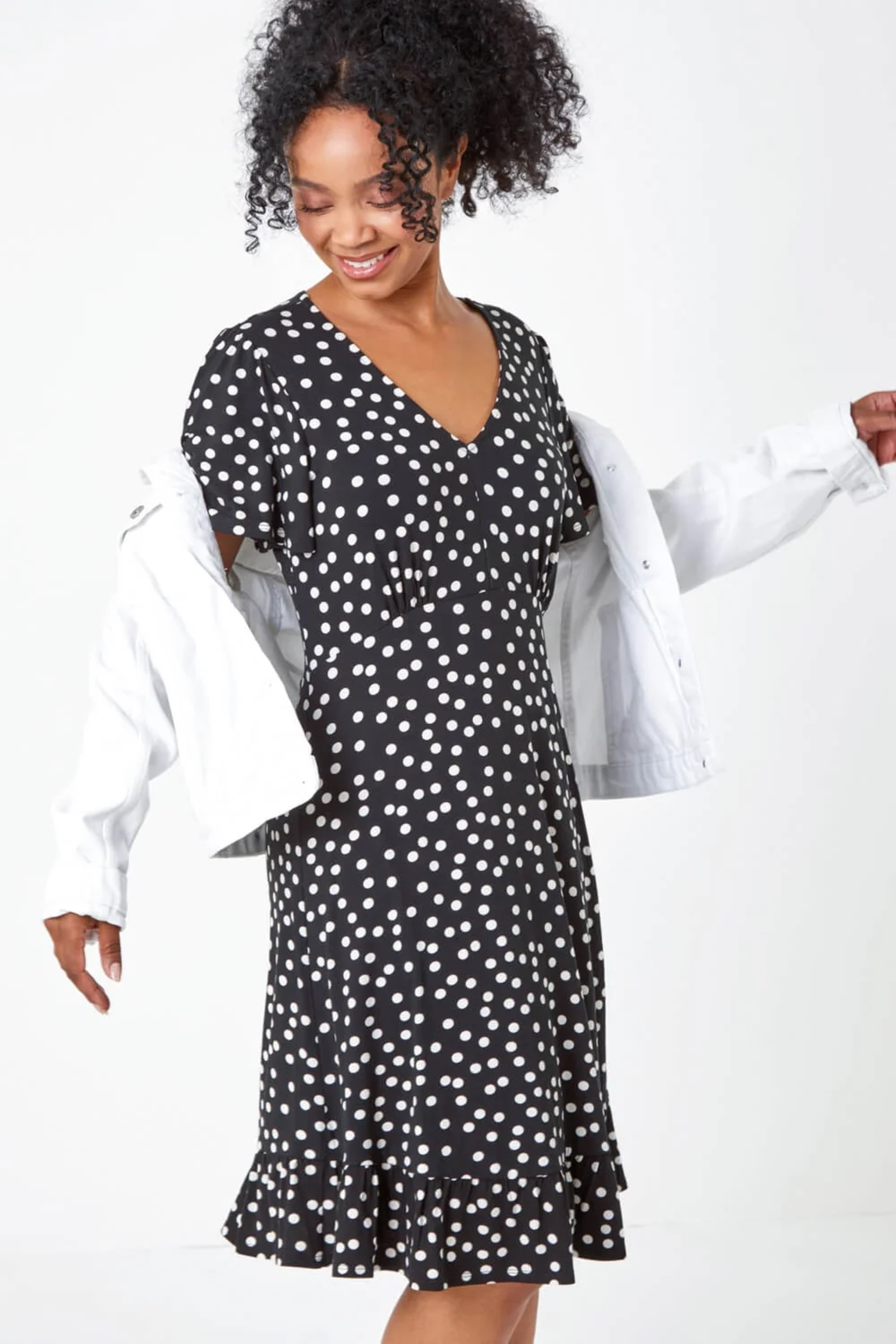 Roman Black Petite Polka Dot Frill Hem Stretch Dress - 6 Image 2