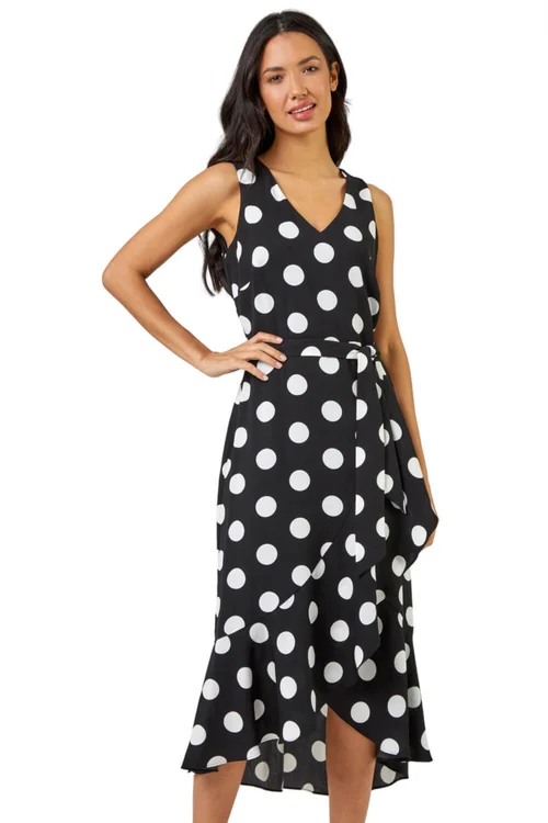 Roman Black Spot Print Frill Hem Wrap Midi Dress - 24 Image 1