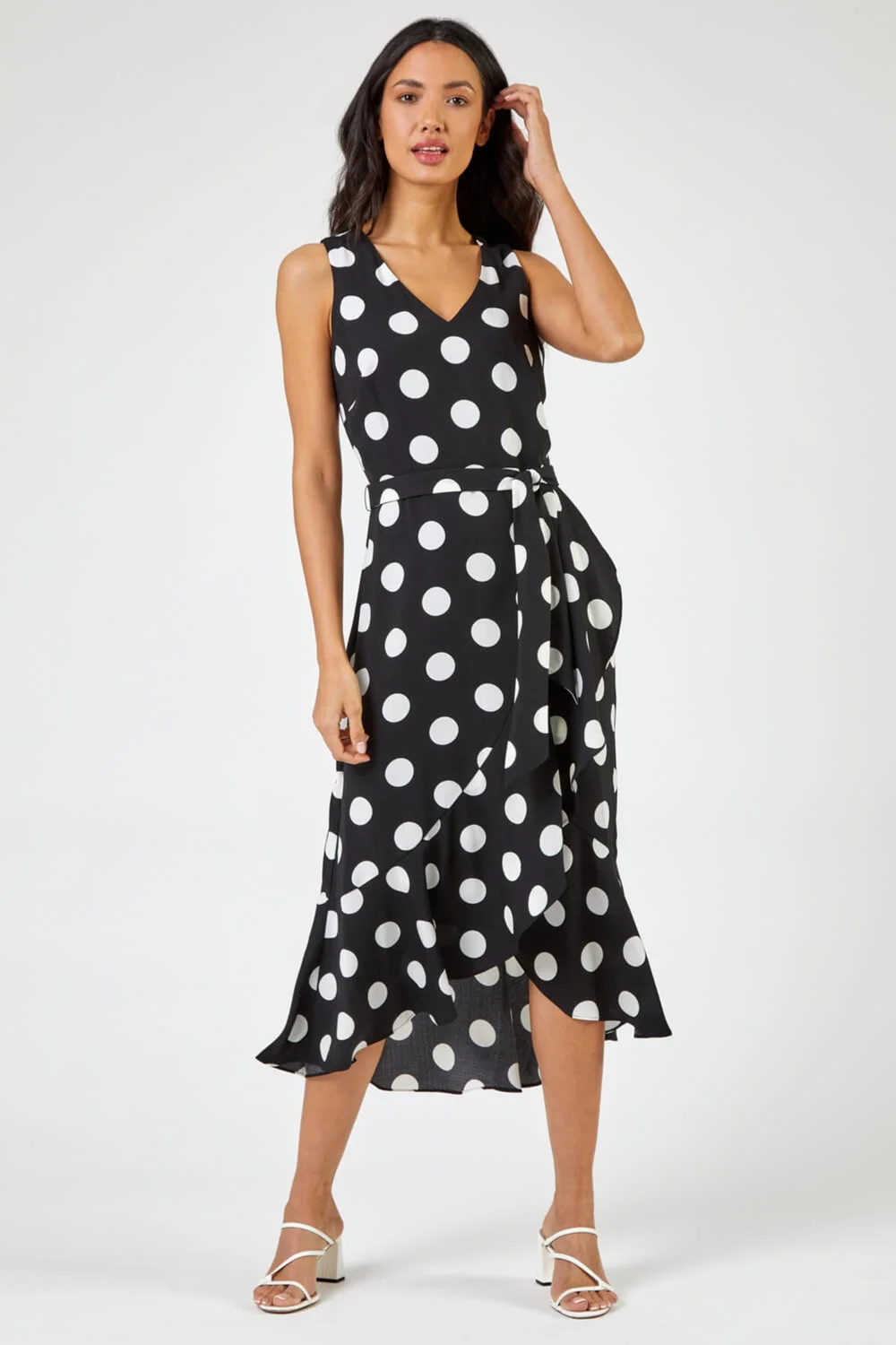 Roman Black Spot Print Frill Hem Wrap Midi Dress - 24 Image 3