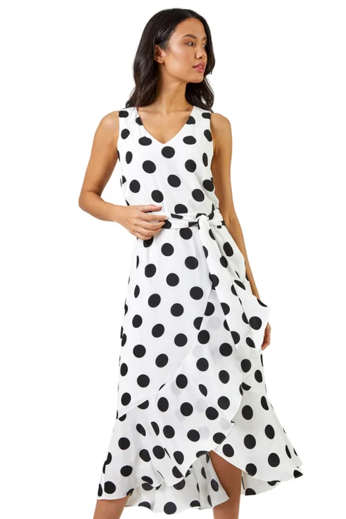 Roman Ivory Spot Frill Hem Asymmetric Midi Wrap Dress - 10 Image 1