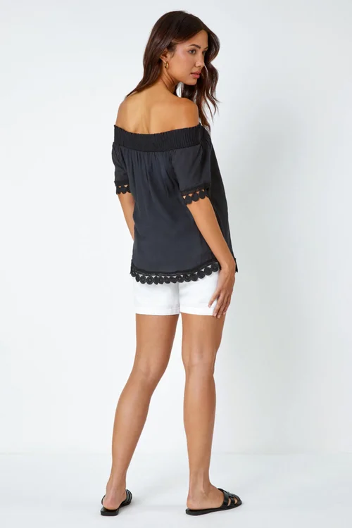 Roman Black Lace Detail Shirred Bardot Top - Size 20 Image 4