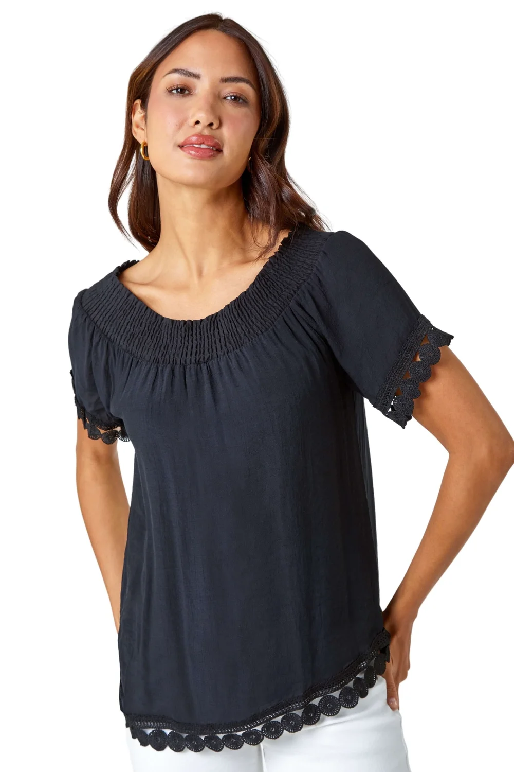 Roman Black Lace Detail Shirred Bardot Top - Size 20 Image 1