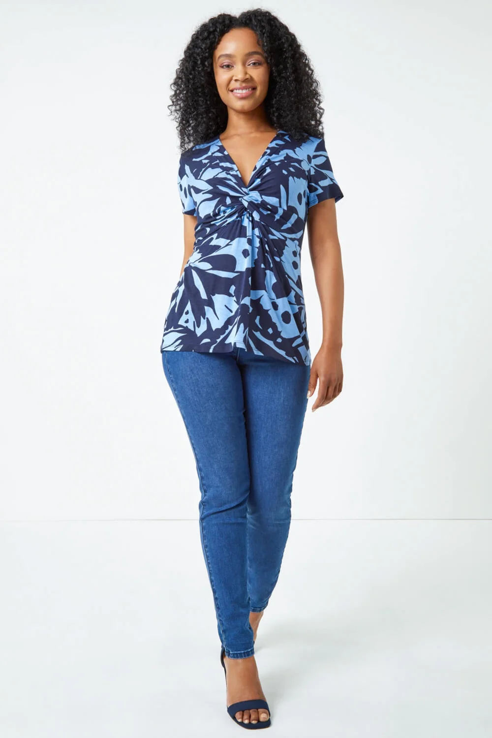 Roman Blue Petite V-Neck Twist Front Abstract Top - Size 26 Image 3