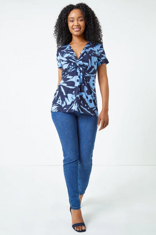 Roman Blue Petite V-Neck Twist Front Abstract Top - Size 26 Image 3