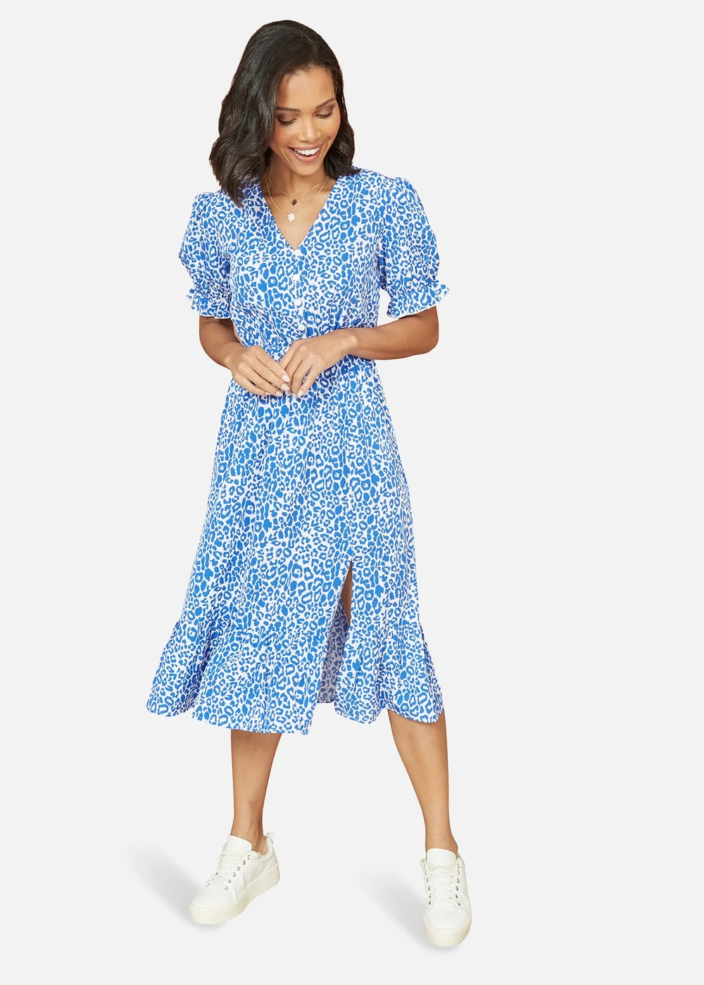 Mela Blue Leopard Print With Puff Sleeves and Split Hem - 8 Image 1