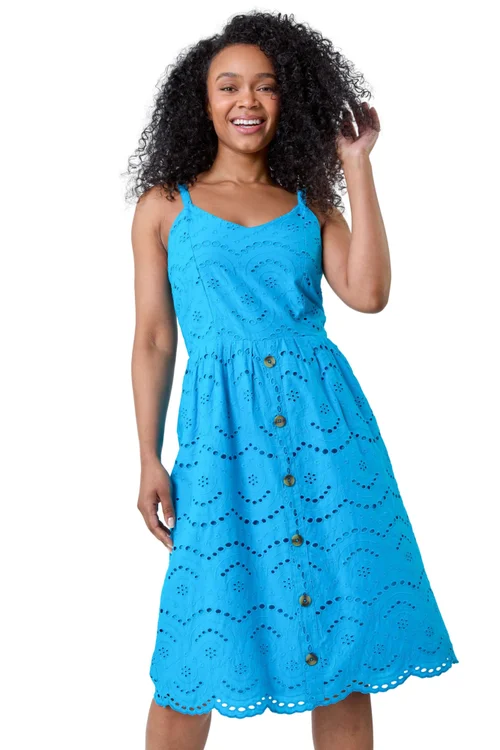 Roman Petite Turquoise Cotton Broderie Button Dress - 8 Image 1