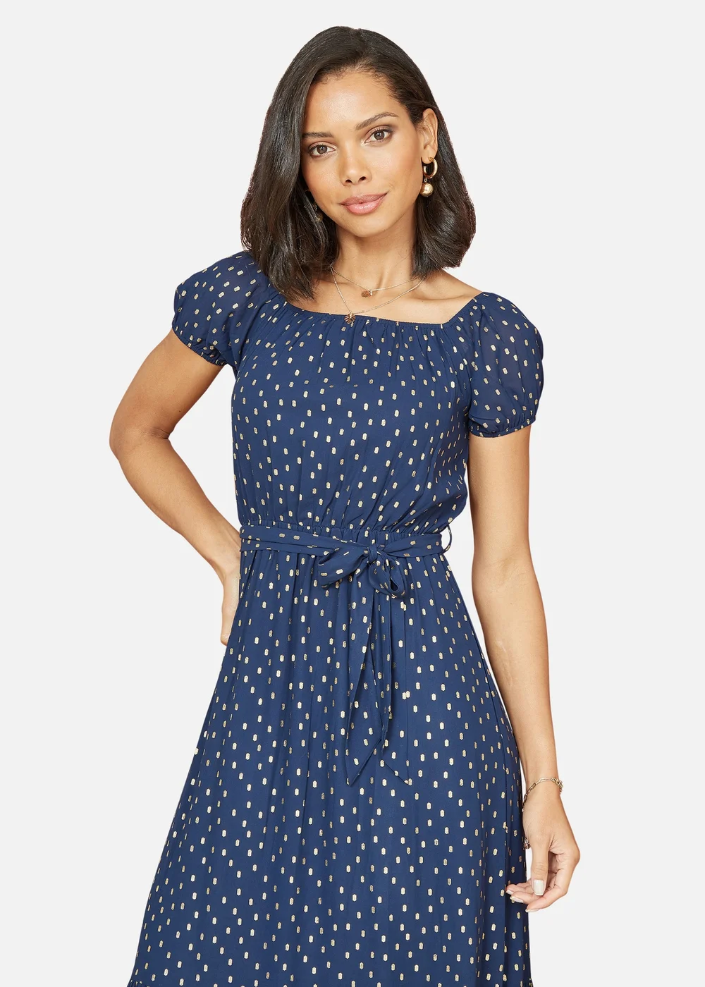 Mela Navy Foil Print Bardot Midi Dress - 8 Image 2