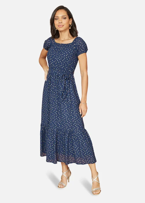 Mela Navy Foil Print Bardot Midi Dress - 8 Image 1