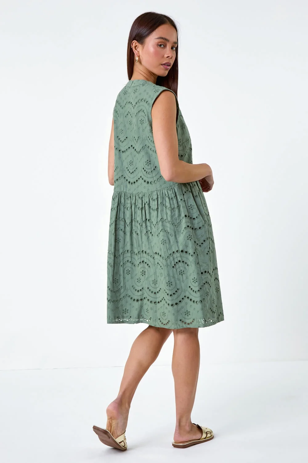 Roman Petite Khaki Broderie Cotton Dress - 8 Image 3