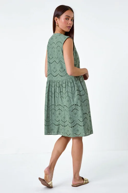 Roman Petite Khaki Broderie Cotton Dress - 8 Image 3