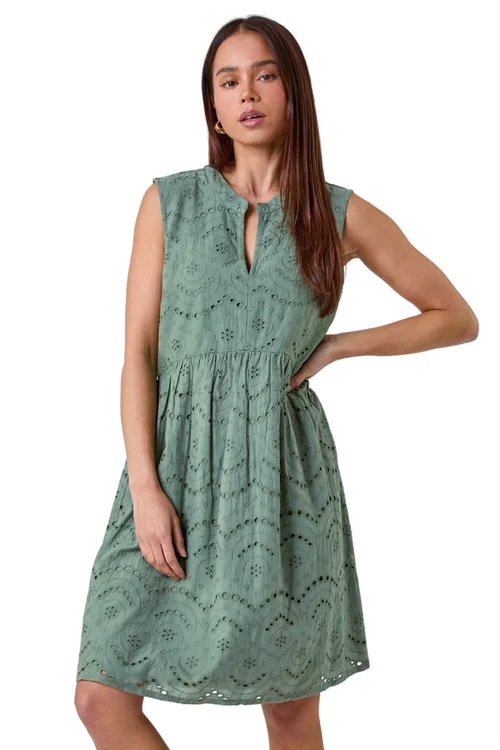 Roman Petite Khaki Broderie Cotton Dress - 8 Image 1