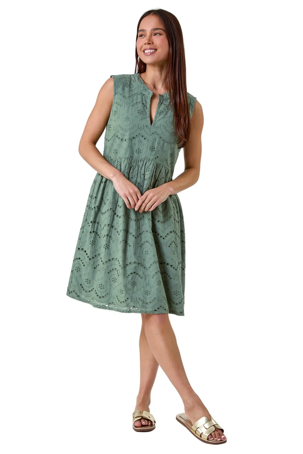 Roman Petite Khaki Broderie Cotton Dress - 8 Image 2