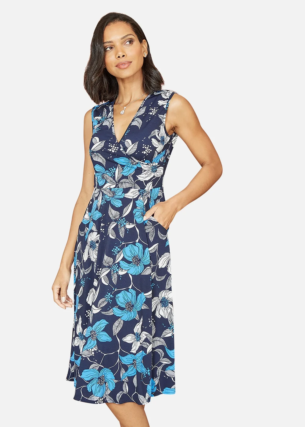 Mela Blue Floral Print Stretch Wrap Over Midi Dress With Pockets - 8 Image 2